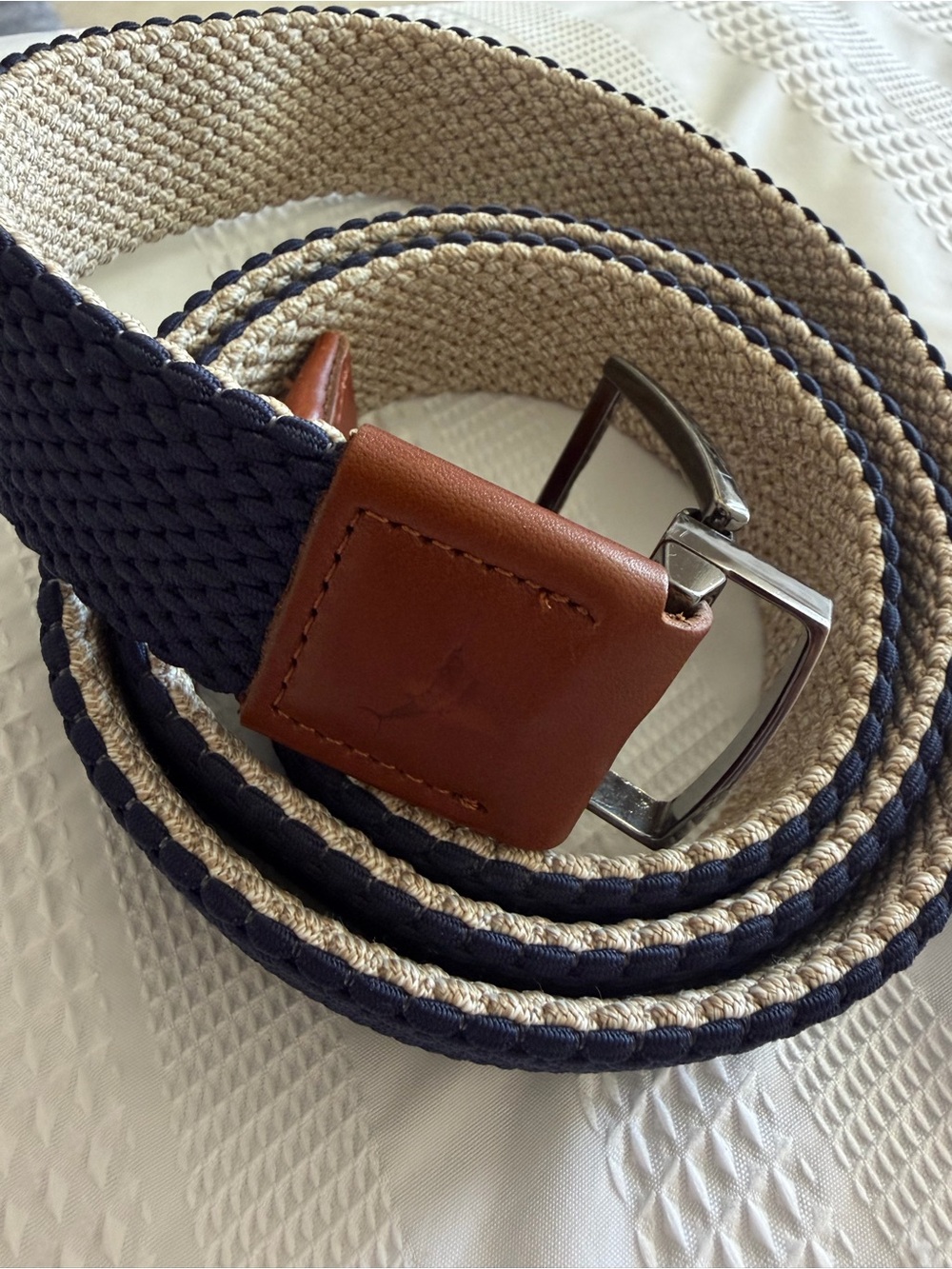 Tommy Bahama Men's Woven Navy and Beige Casual Belt with Brown Leather Trim 38-4